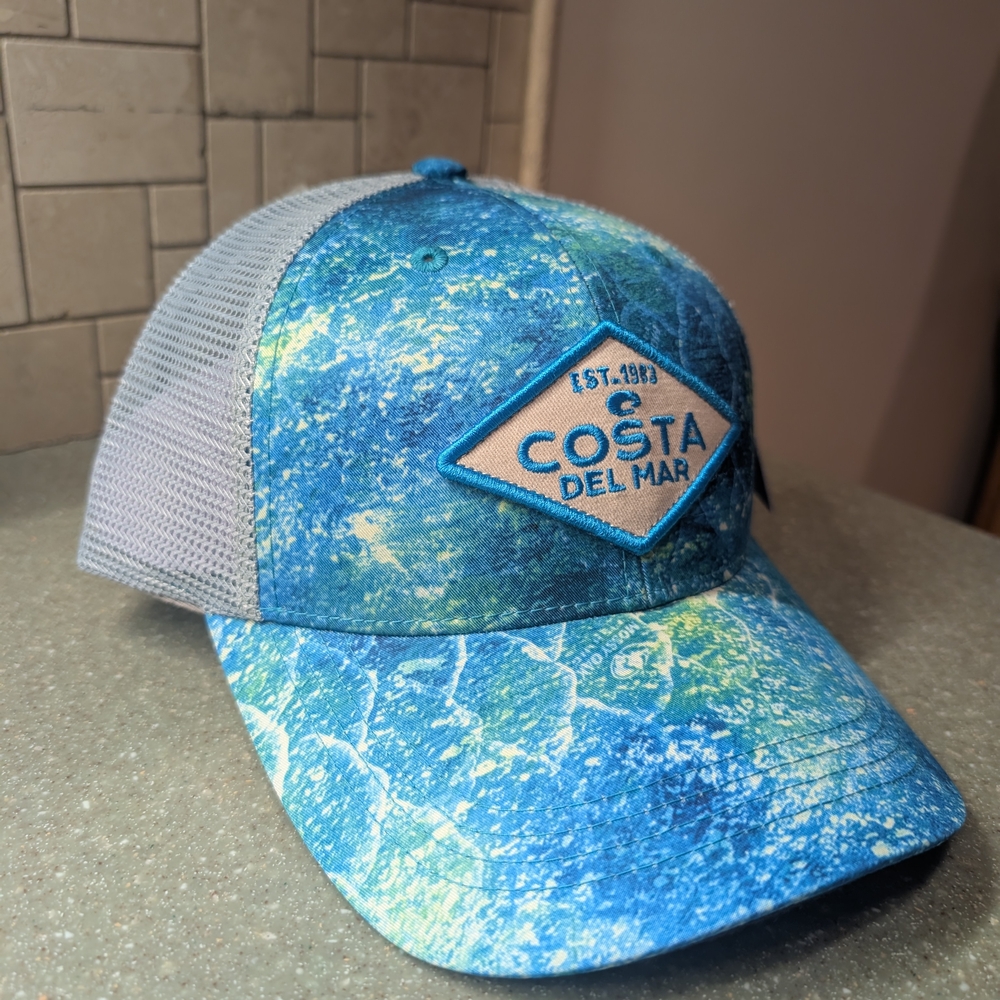 Rare Costa Del Mar Mossy Oak Blue Camo Grey Mesh Adjustable Trucker Hat Cap fish